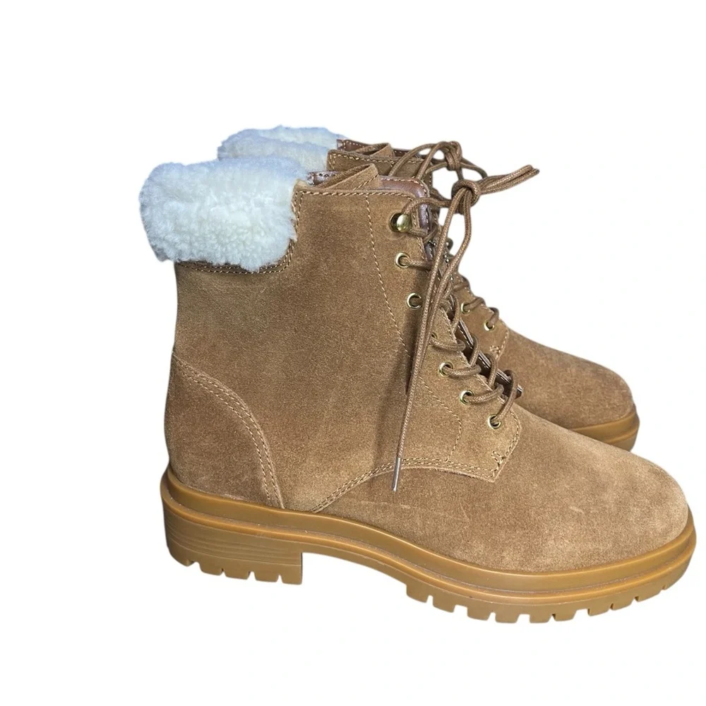 Lauren Ralph Lauren Carlee suede tan combat lace-up 
boots fauxshearling 8.5 New - Picture 3 of 12